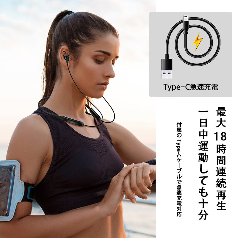 e005 W210BT 首掛け型 ワイヤレスイヤホン Bluetooth 5.3 Hi-res 18時間再生 イヤホン 無線 首掛け ネックバンド型 ハイレゾ IP55 防水 防塵 マイク内蔵