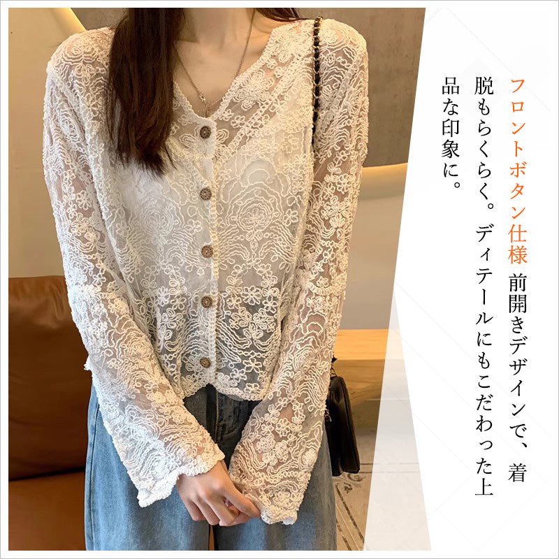 RA1009 トップス レースブラウス 総レース フェミニン シアーシャツ 透け感 ガーリー