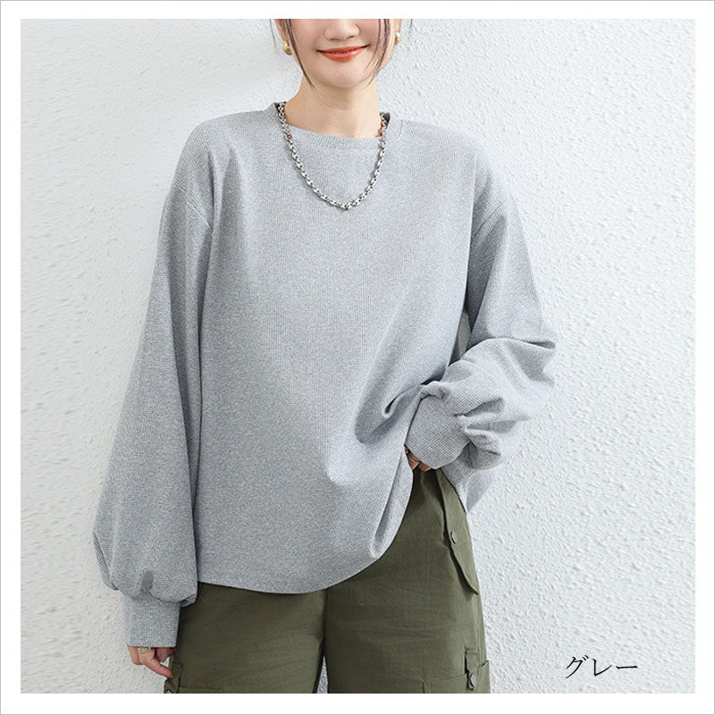 RA917 ワッフルTシャツ ランタンスリーブ レディース トップス
