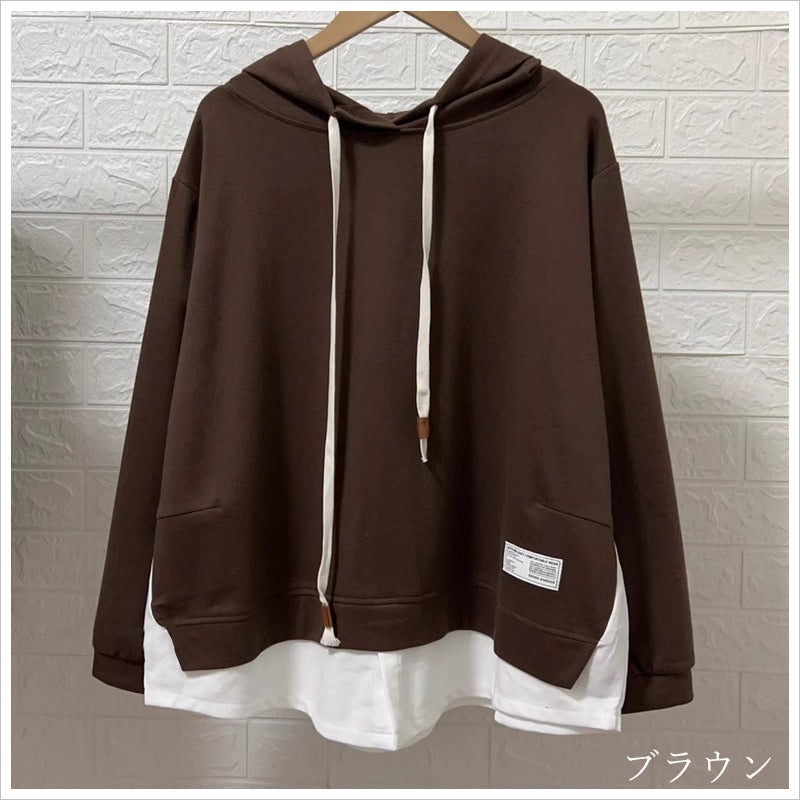 RA993 トップス ゆったり フィット リラックス フード オーバーサイズ 重ね着風 体型カバー レイヤード風