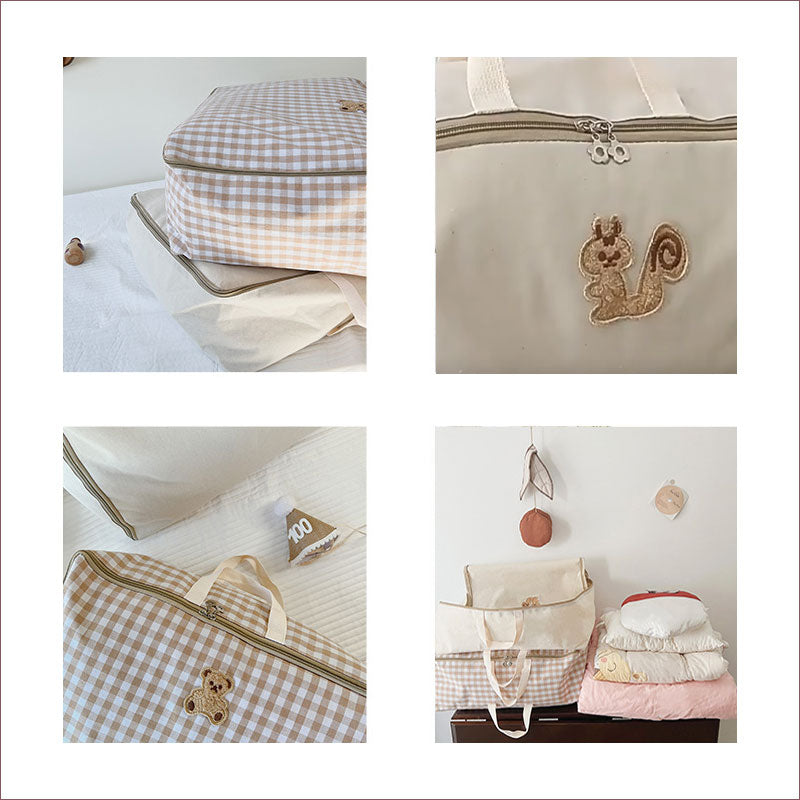 TW384  収納袋 刺繍 ギンガムチェック 無地 くま りす 持ち手付き 布団収納袋