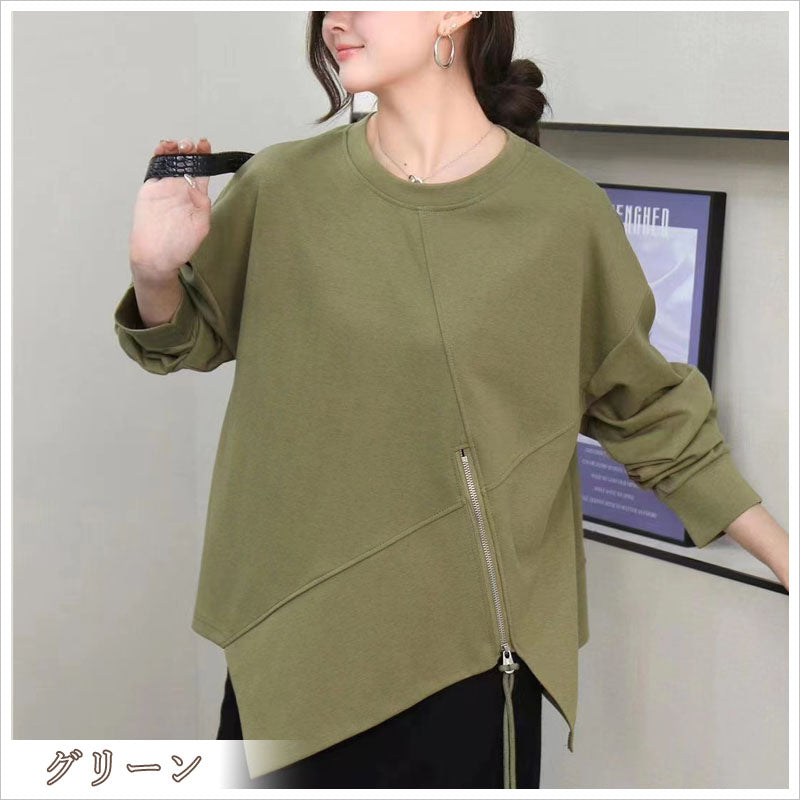 RA964 長袖 トップス カットソー アシンメトリー ジップ