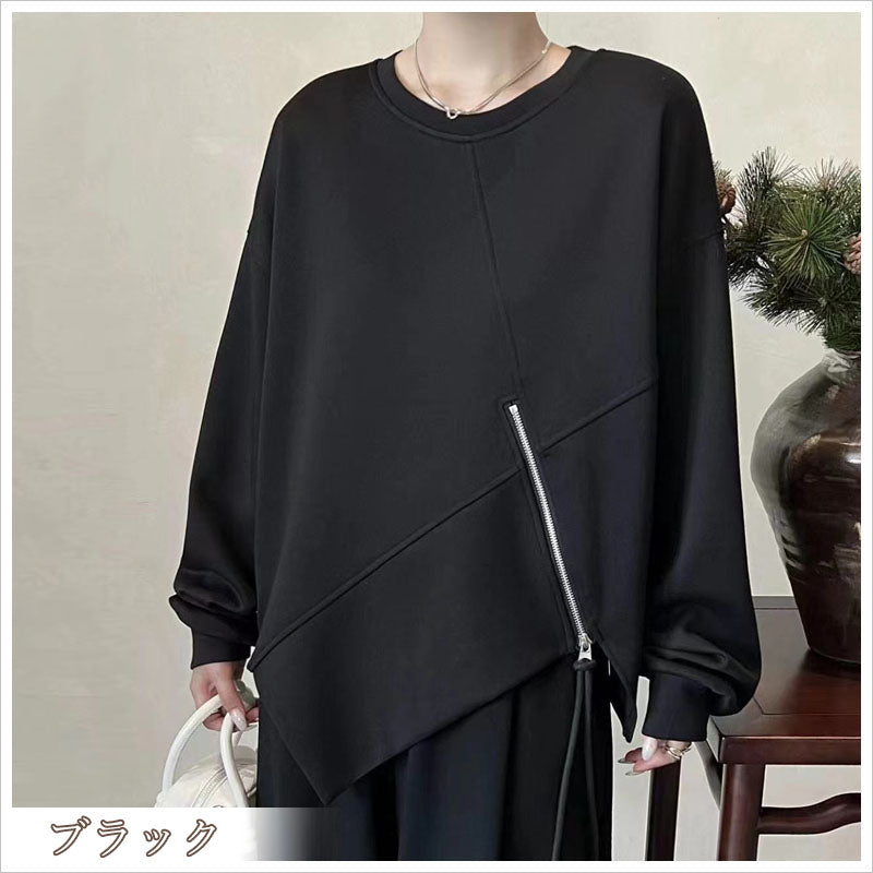 RA964 長袖 トップス カットソー アシンメトリー ジップ