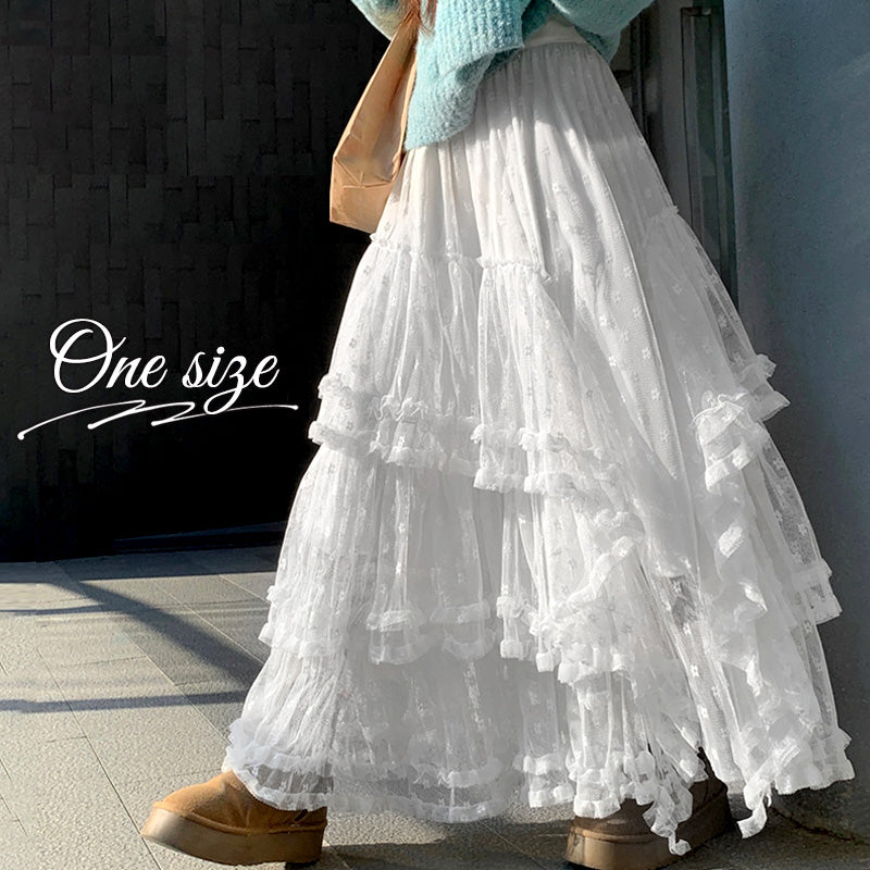 RA1011   スカート レース ロング ティアード ふんわり ガーリー ウエストゴム