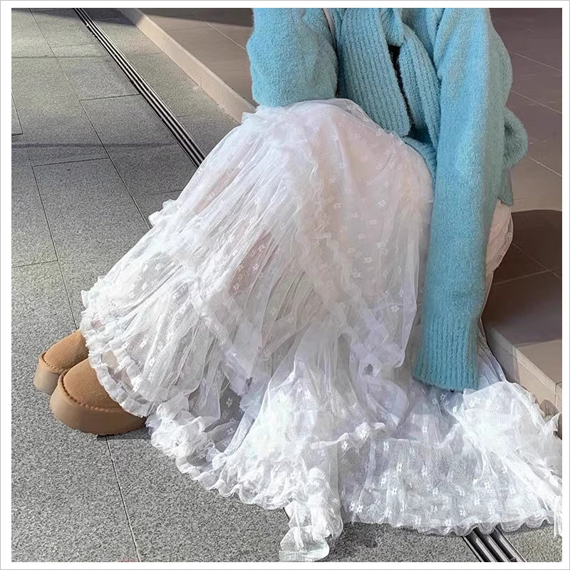 RA1011   スカート レース ロング ティアード ふんわり ガーリー ウエストゴム