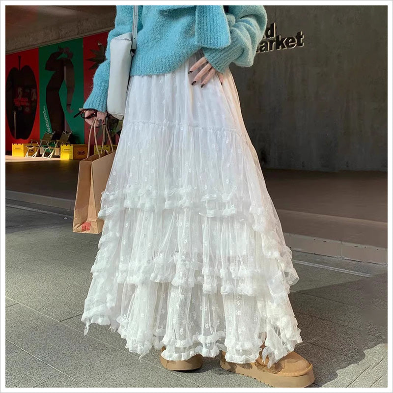 RA1011   スカート レース ロング ティアード ふんわり ガーリー ウエストゴム