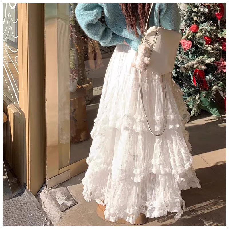 RA1011   スカート レース ロング ティアード ふんわり ガーリー ウエストゴム