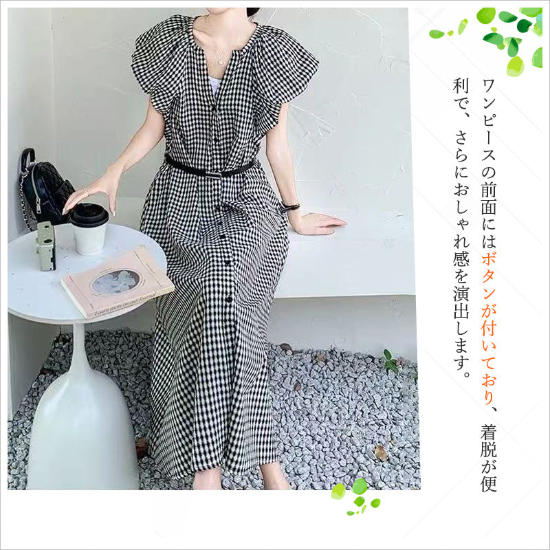 RA1013  フリルスリーブチェックワンピース 夏ワンピース レディース チェック柄 ギンガムチェック ロングワンピース フレンチスリーブ