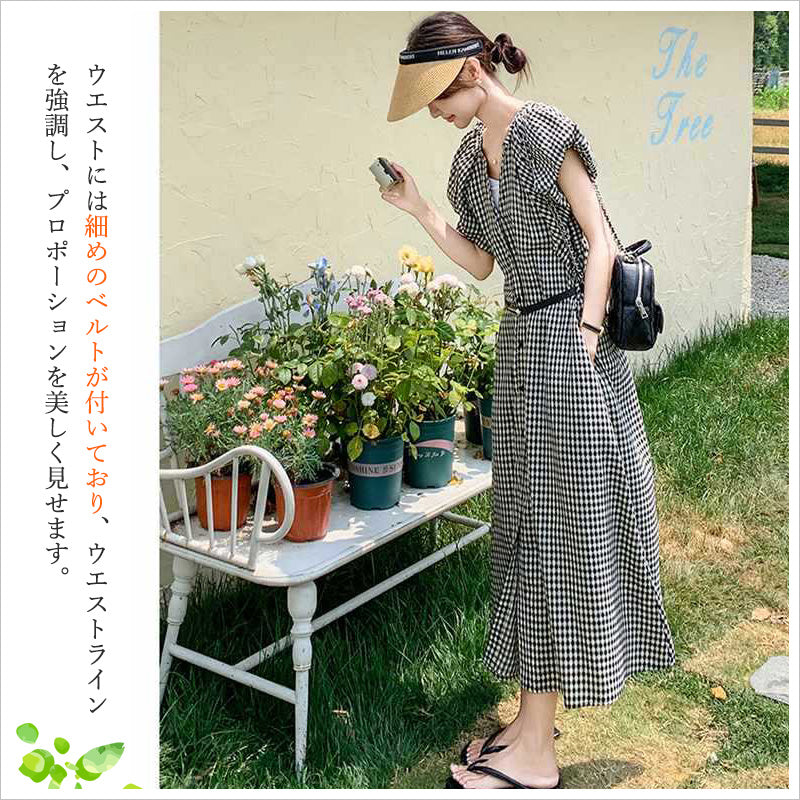 RA1013  フリルスリーブチェックワンピース 夏ワンピース レディース チェック柄 ギンガムチェック ロングワンピース フレンチスリーブ