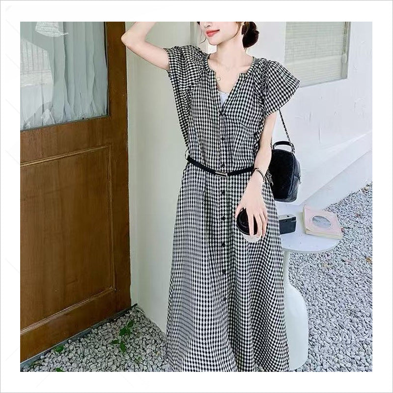 RA1013  フリルスリーブチェックワンピース 夏ワンピース レディース チェック柄 ギンガムチェック ロングワンピース フレンチスリーブ