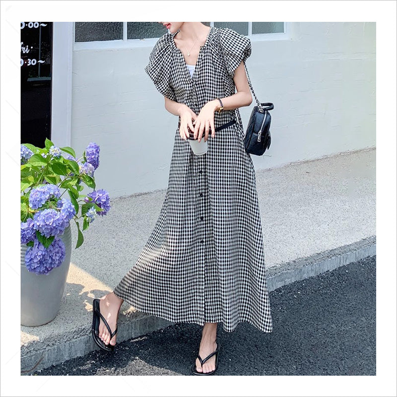 RA1013  フリルスリーブチェックワンピース 夏ワンピース レディース チェック柄 ギンガムチェック ロングワンピース フレンチスリーブ