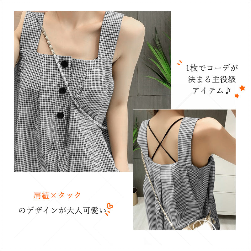 RA1014 レディース サロペット チェック柄 ゆったり 涼しい 着やせ効果 カジュアル 太めストラップ