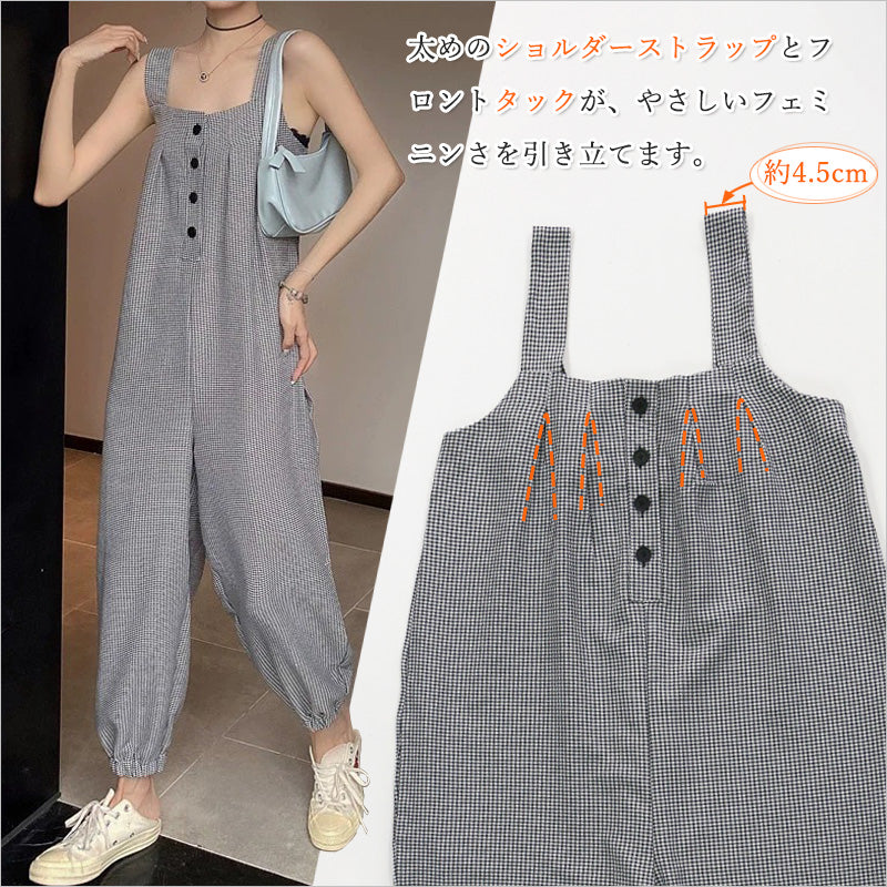 RA1014 レディース サロペット チェック柄 ゆったり 涼しい 着やせ効果 カジュアル 太めストラップ