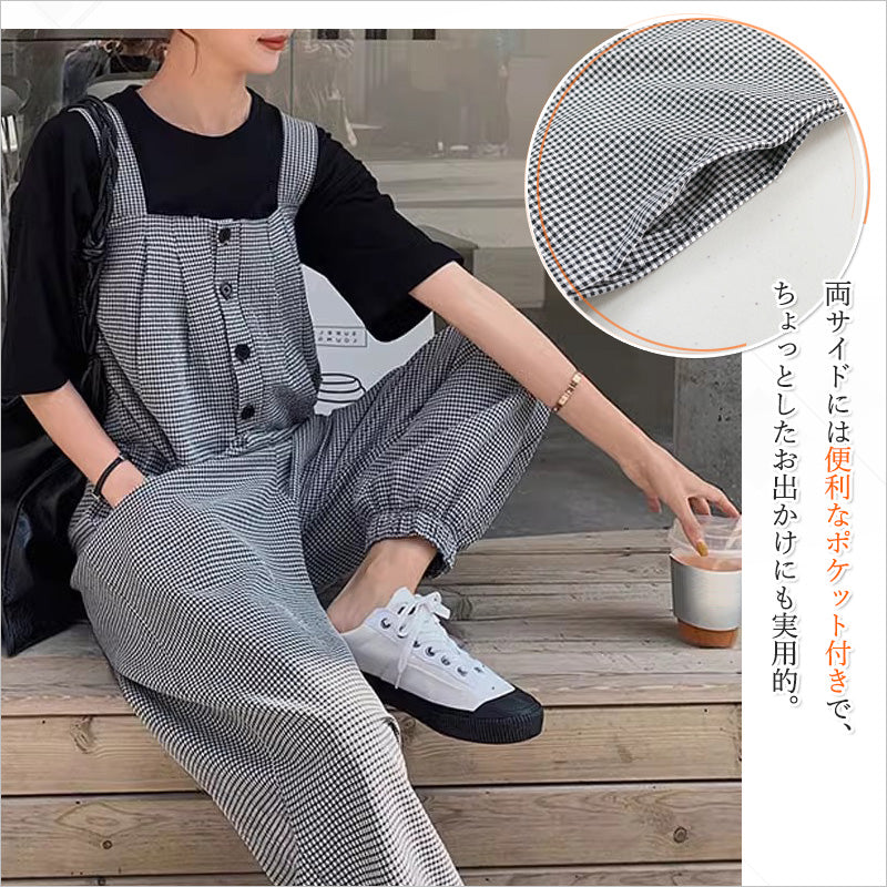 RA1014 レディース サロペット チェック柄 ゆったり 涼しい 着やせ効果 カジュアル 太めストラップ
