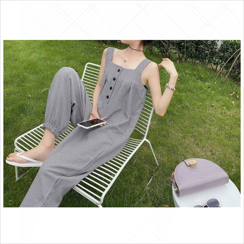 RA1014 レディース サロペット チェック柄 ゆったり 涼しい 着やせ効果 カジュアル 太めストラップ