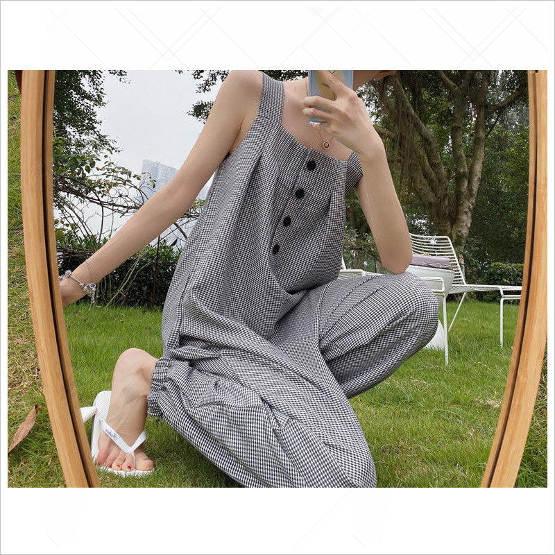 RA1014 レディース サロペット チェック柄 ゆったり 涼しい 着やせ効果 カジュアル 太めストラップ