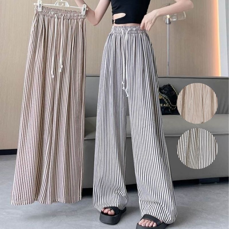 RA1031 ストライプワイドパンツ レディース 薄手 美脚 脚長効果 ハイウエスト ゆったり リラックス
