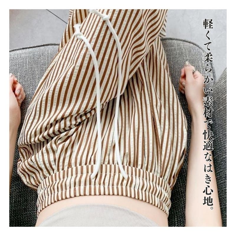 RA1031 ストライプワイドパンツ レディース 薄手 美脚 脚長効果 ハイウエスト ゆったり リラックス