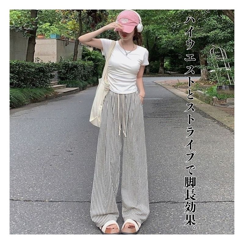 RA1031 ストライプワイドパンツ レディース 薄手 美脚 脚長効果 ハイウエスト ゆったり リラックス