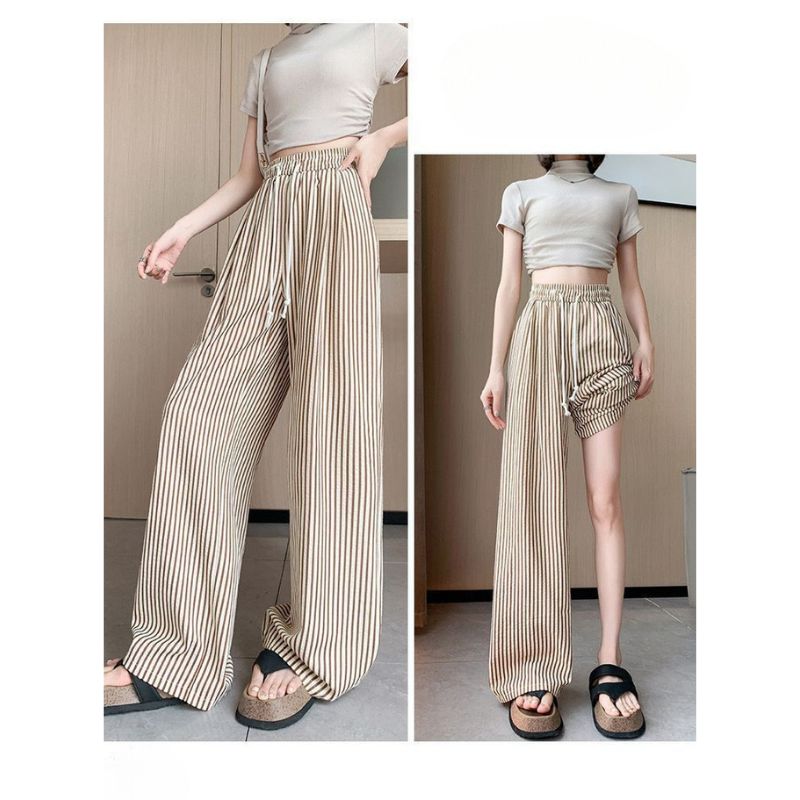 RA1031 ストライプワイドパンツ レディース 薄手 美脚 脚長効果 ハイウエスト ゆったり リラックス