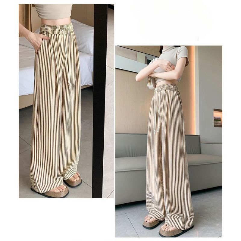 RA1031 ストライプワイドパンツ レディース 薄手 美脚 脚長効果 ハイウエスト ゆったり リラックス