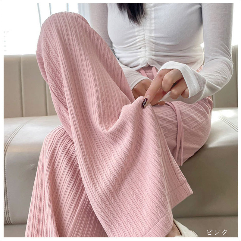 RA1032 ワイドパンツ リブパンツ 美脚 レディース 体型カバー