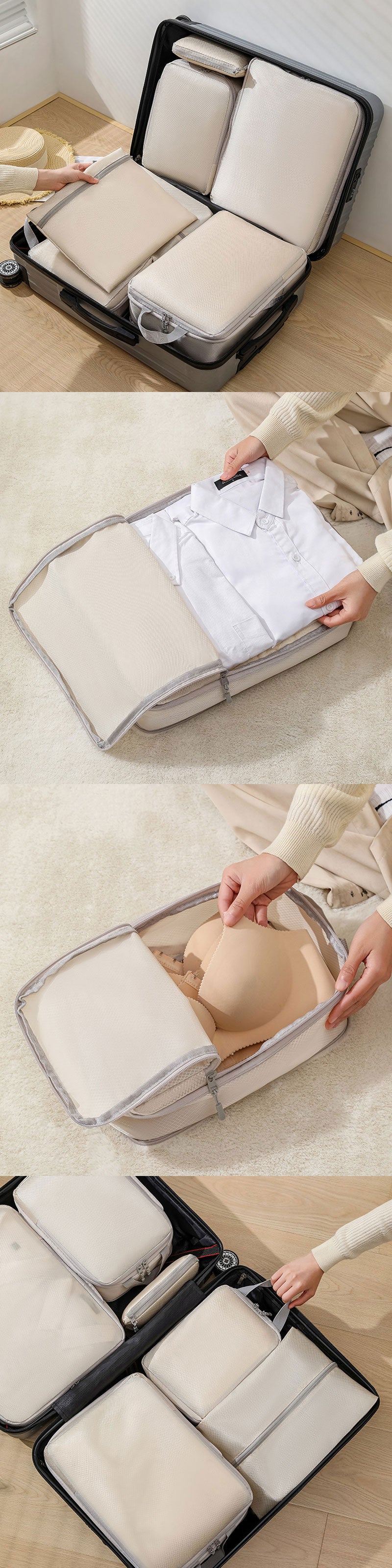 T041　4点セット トラベル 圧縮 ポーチ 衣類スペース 60％ 節約 旅行 収納ポーチ トラベルポーチ 圧縮袋 軽量 出張 旅行 仕分け 簡単 ファスナー シンプル おしゃれ トラベルグッズ パッキング 整理 衣類 圧縮袋