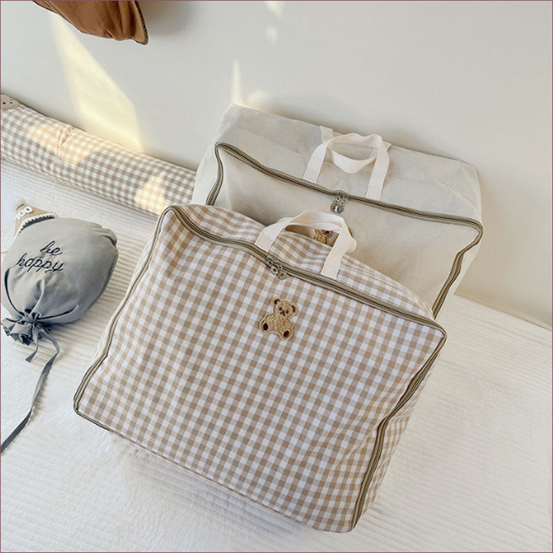 TW384  収納袋 刺繍 ギンガムチェック 無地 くま りす 持ち手付き 布団収納袋