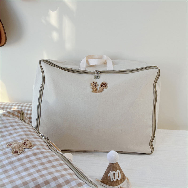 TW384  収納袋 刺繍 ギンガムチェック 無地 くま りす 持ち手付き 布団収納袋