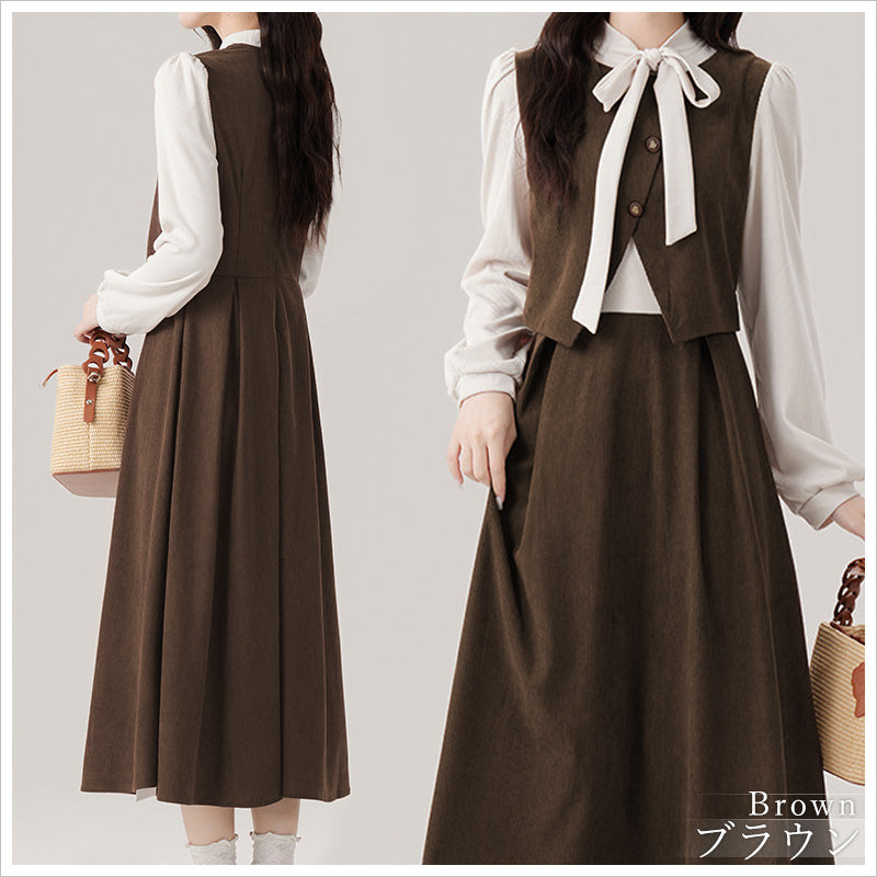 RA999  レディース ワンピース ロングワンピース コーデュロイ レイヤード風