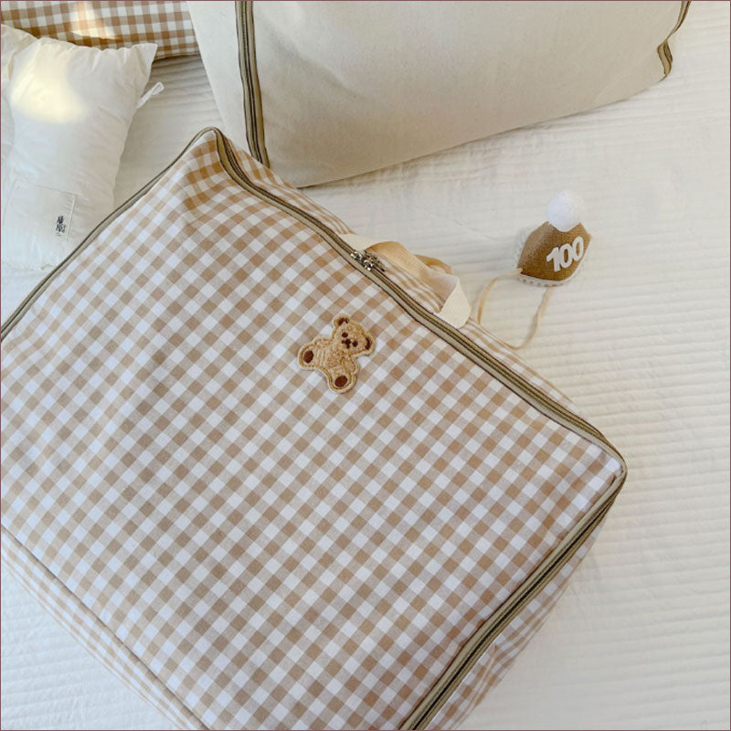 TW384  収納袋 刺繍 ギンガムチェック 無地 くま りす 持ち手付き 布団収納袋