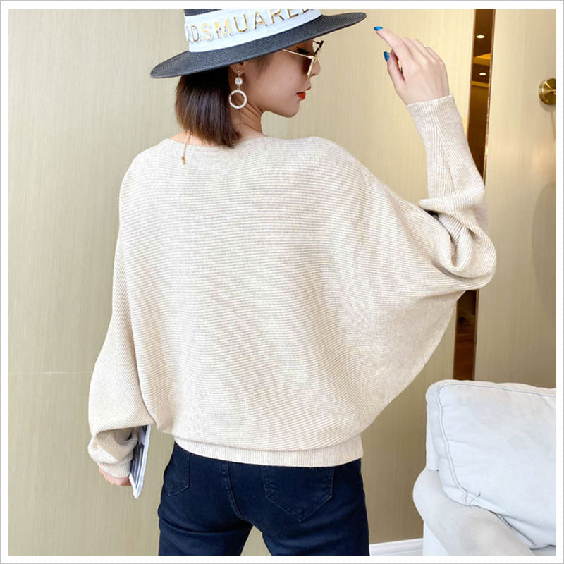 RA830  バットセーター レディース トップス カジュアル リブニット ボートネック ドルマンスリーブ