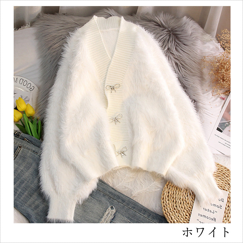 RA924 レディース カーディガン リボン付き