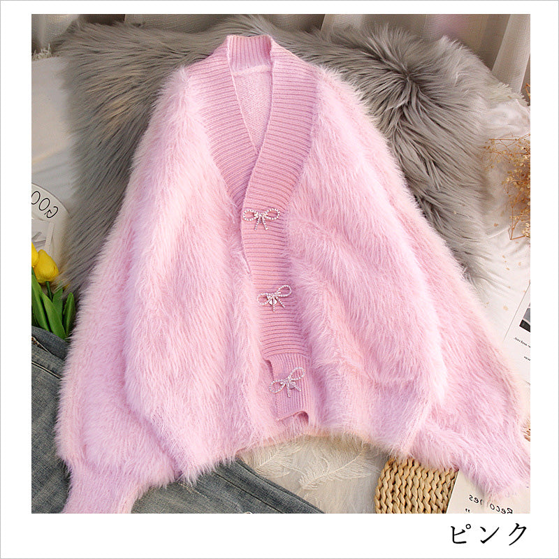 RA924 レディース カーディガン リボン付き