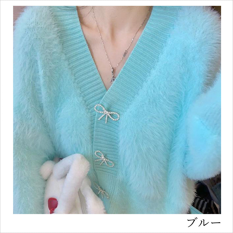 RA924 レディース カーディガン リボン付き