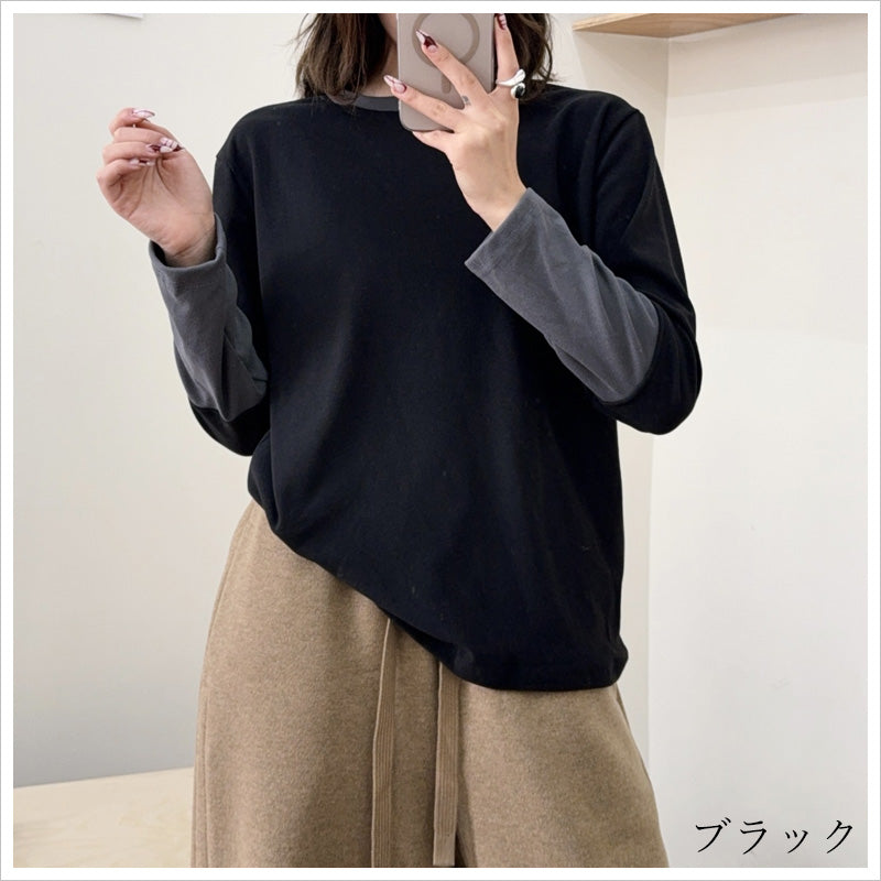 RA970 長袖 トップス カットソー 配色切り替え アクセント デザイン おしゃれ 上品 スタイルアップ カジュアル