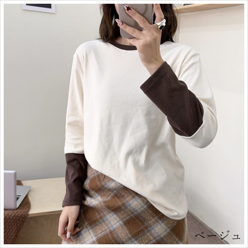 RA970 長袖 トップス カットソー 配色切り替え アクセント デザイン おしゃれ 上品 スタイルアップ カジュアル