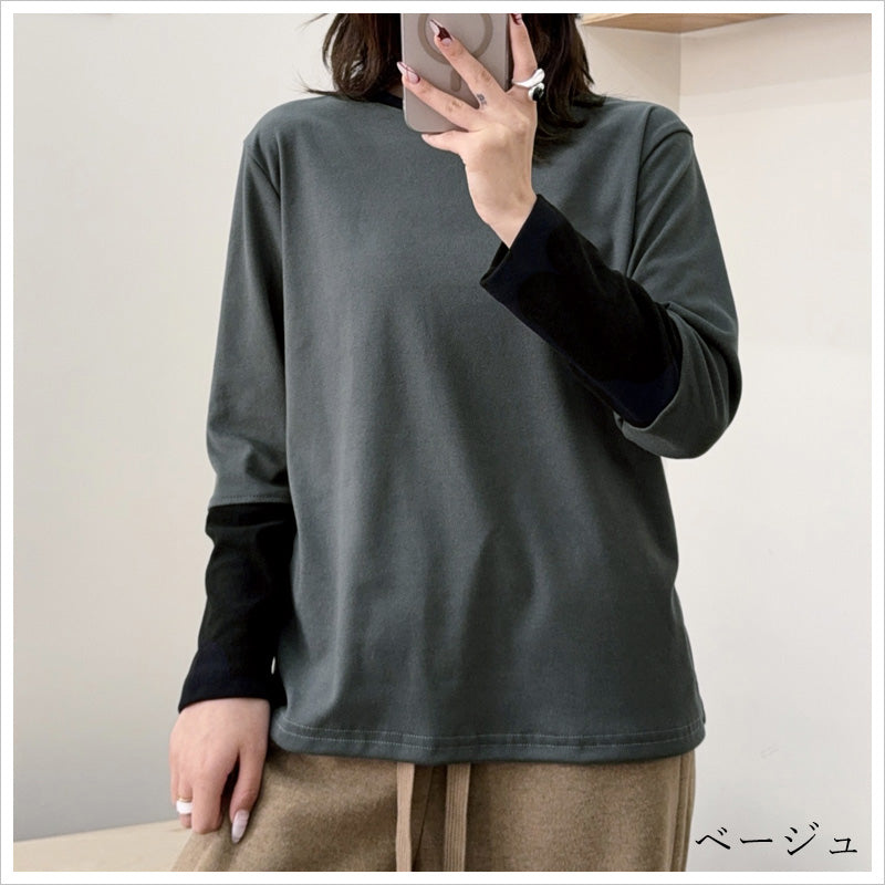 RA970 長袖 トップス カットソー 配色切り替え アクセント デザイン おしゃれ 上品 スタイルアップ カジュアル