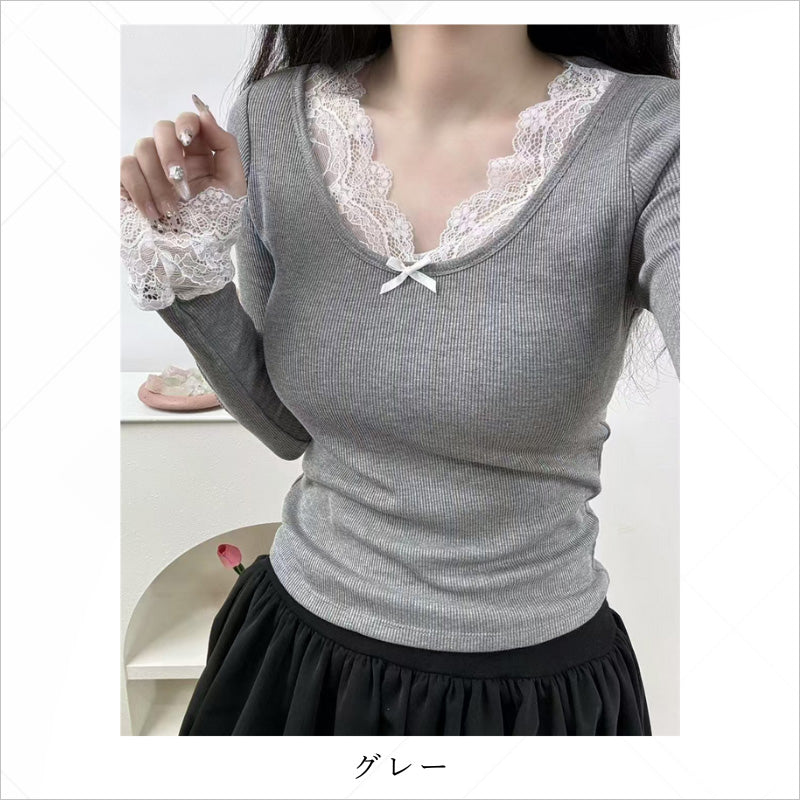 RA979 カットソー 長袖 トップス 大人可愛い エレガント  レース カップ付き