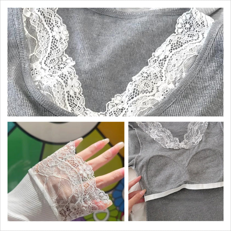 RA979 カットソー 長袖 トップス 大人可愛い エレガント  レース カップ付き