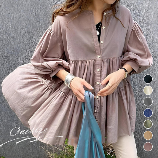 RA981  チュニック ブラウス シャツ トップス 2WAY シアー ティアード 七分袖 ボリューム袖