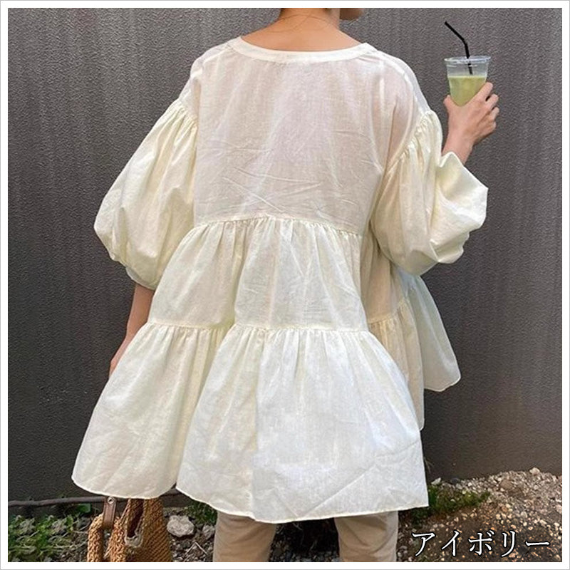 RA981  チュニック ブラウス シャツ トップス 2WAY シアー ティアード 七分袖 ボリューム袖