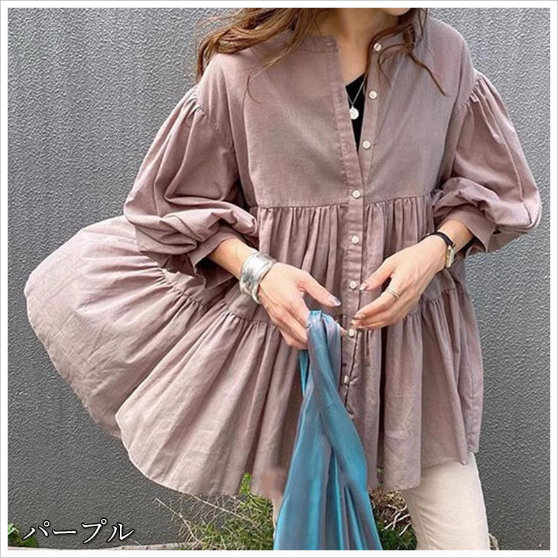 RA981  チュニック ブラウス シャツ トップス 2WAY シアー ティアード 七分袖 ボリューム袖