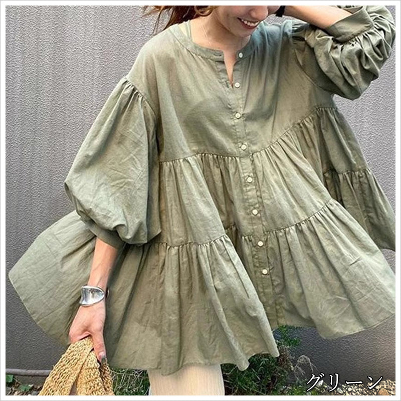 RA981  チュニック ブラウス シャツ トップス 2WAY シアー ティアード 七分袖 ボリューム袖