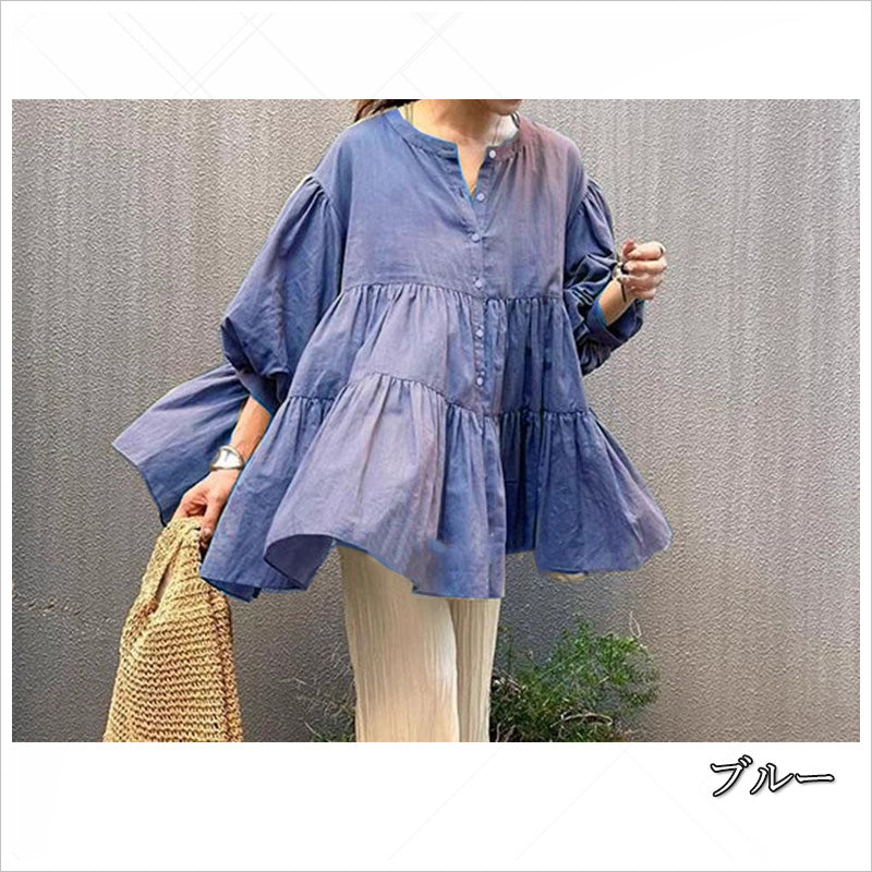 RA981  チュニック ブラウス シャツ トップス 2WAY シアー ティアード 七分袖 ボリューム袖