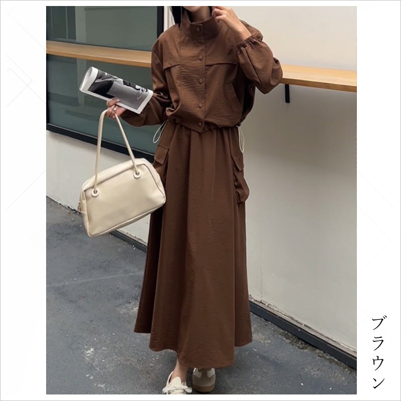 RA983 セットアップ レディース ミリタリー ロングスカート ブルゾン 長袖 スカートコーデ 上下セット