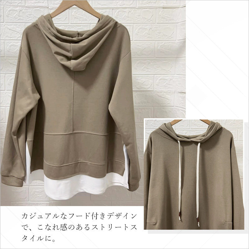 RA993 トップス ゆったり フィット リラックス フード オーバーサイズ 重ね着風 体型カバー レイヤード風