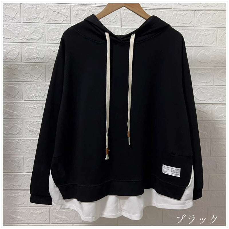 RA993 トップス ゆったり フィット リラックス フード オーバーサイズ 重ね着風 体型カバー レイヤード風