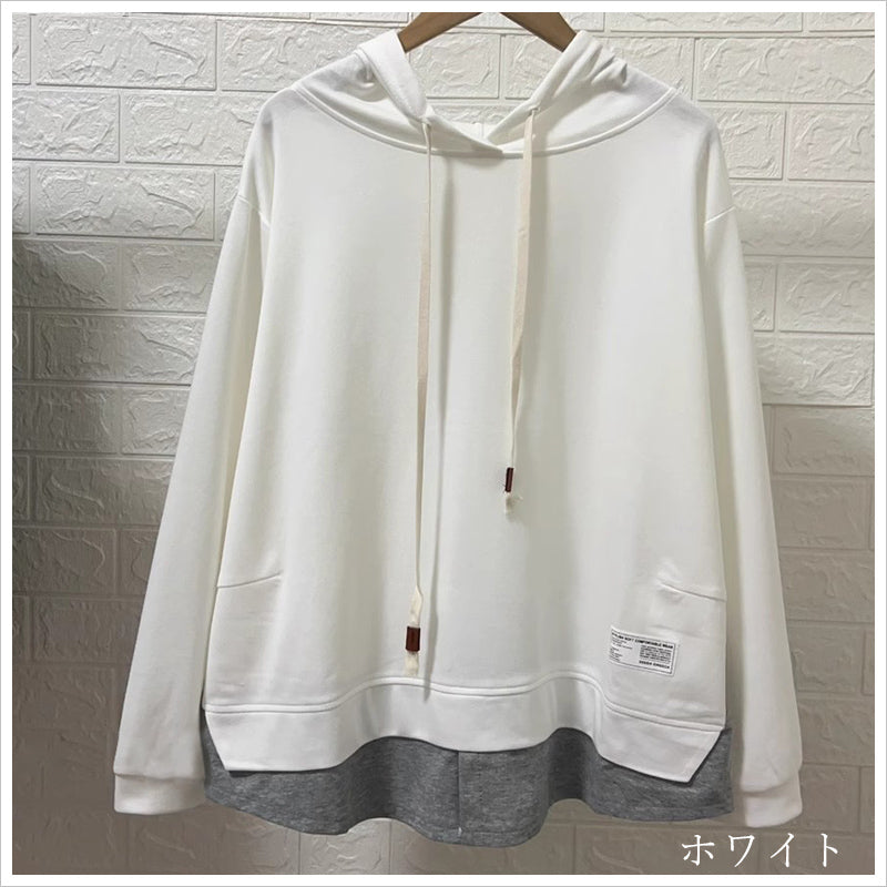 RA993 トップス ゆったり フィット リラックス フード オーバーサイズ 重ね着風 体型カバー レイヤード風