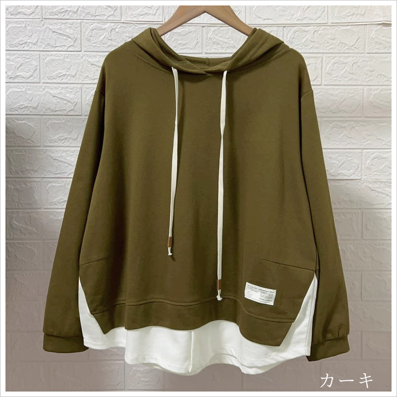 RA993 トップス ゆったり フィット リラックス フード オーバーサイズ 重ね着風 体型カバー レイヤード風